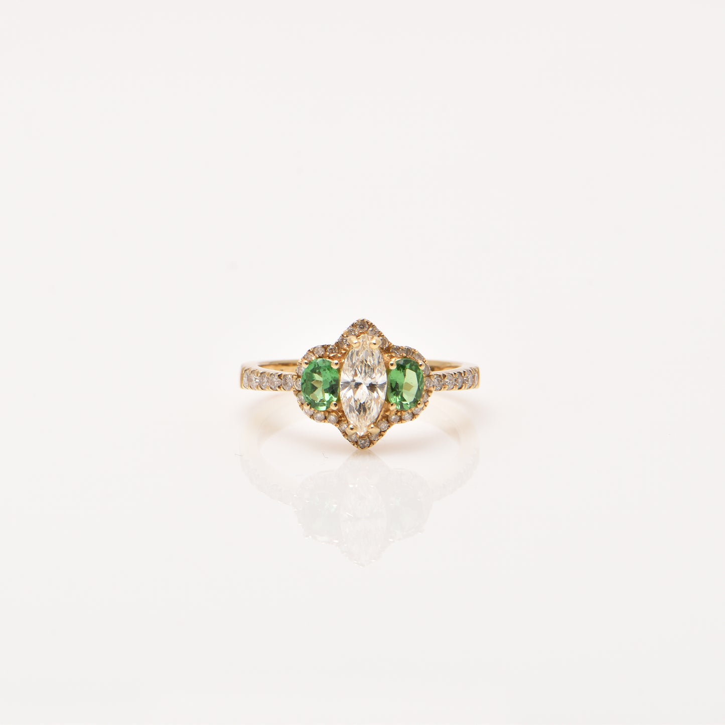 Marquise Diamond and Tsavorite Garnet Ring in 18ct Gold