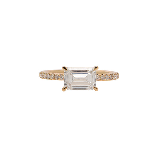 East West Emerald Cut Diamond Engagement Ring with Hidden Halo