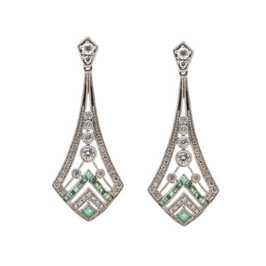 Emerald and Diamond Art Deco Style Earrings