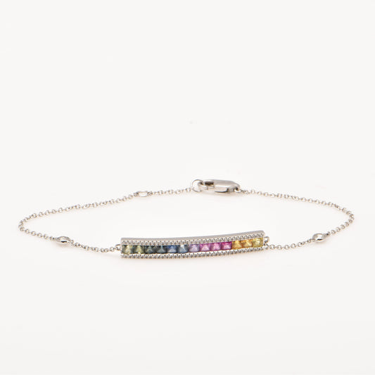 Rainbow Sapphire Pendant Bracelet With Diamond By The Yard Chain in 18ct White Gold
