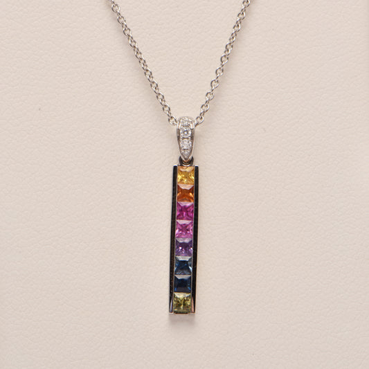Rainbow Sapphire Diamond Pendant Necklace in 18ct White Gold