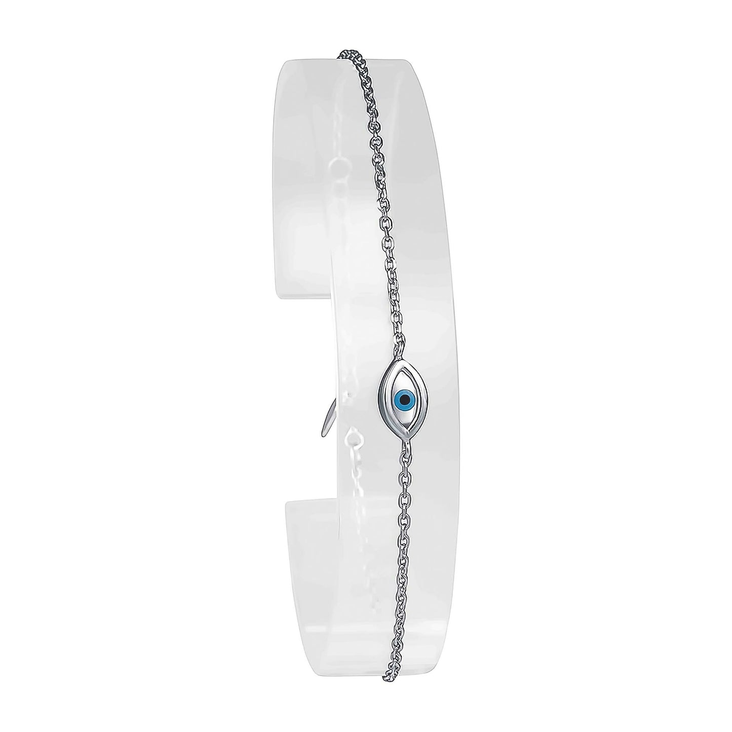 (BR364) Rhodium Plated Sterling Silver Blue Oval Evil Eye Mother Of Pearl Bracelet