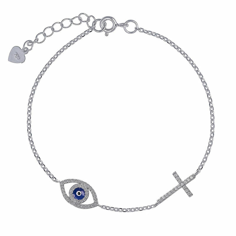 (BR390) Rhodium Plated Sterling Silver Blue Ova Evil Eye and Cross CZ Bracelet