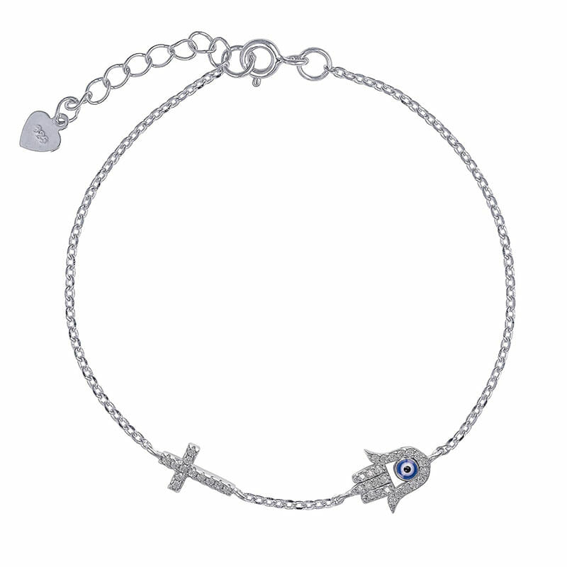 (BR391) Rhodium Plated Sterling Silver Blue Evil Eye Hand of Fatima and Cross CZ Bracelet