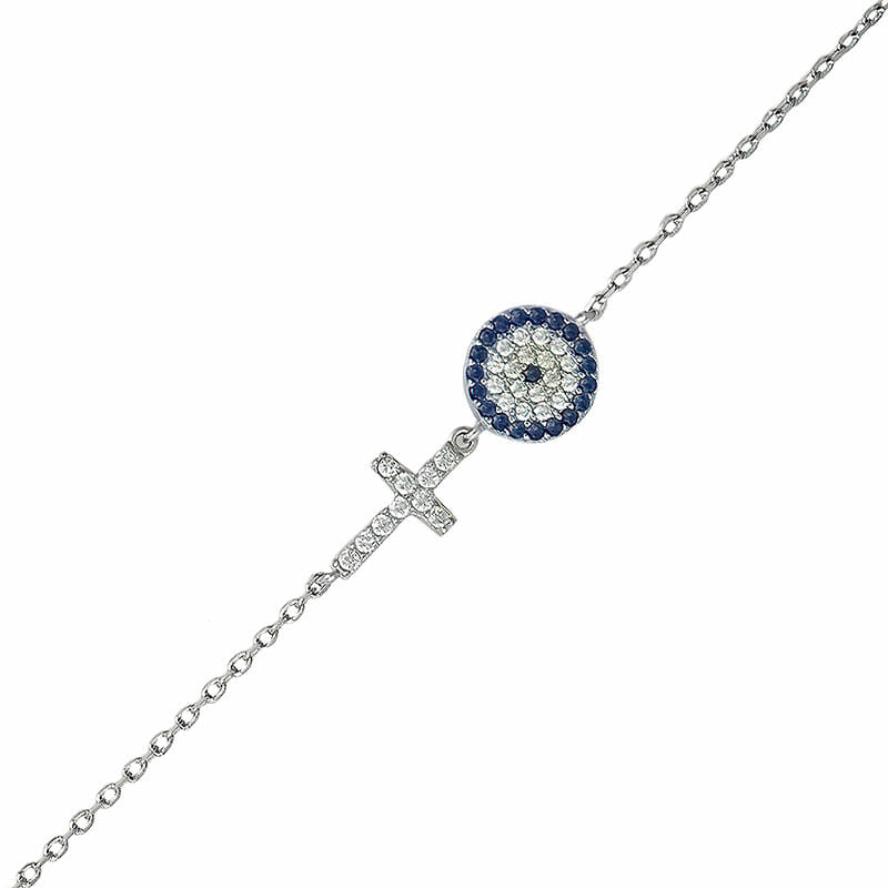(BR393) Rhodium Plated Sterling Silver Evil Eye Cross Blue And Yellow CZ Bracelet