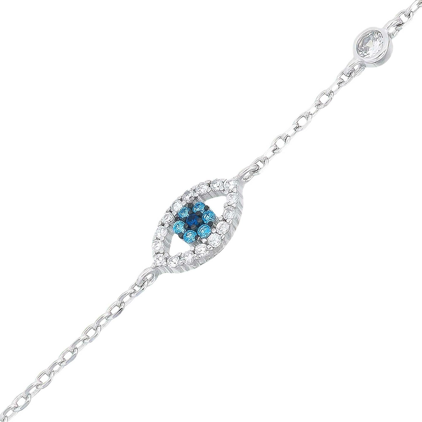 (BR498) Rhodium Plated Sterling Silver 10x6mm Evil Eye CZ Bracelet - 17+3cm