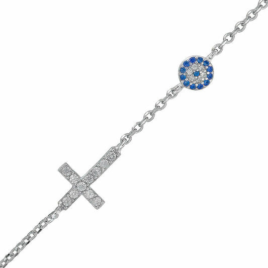 (BR499) Rhodium Plated Sterling Silver Blue Evil Eye and Cross Bracelet With CZ - 17+3cm