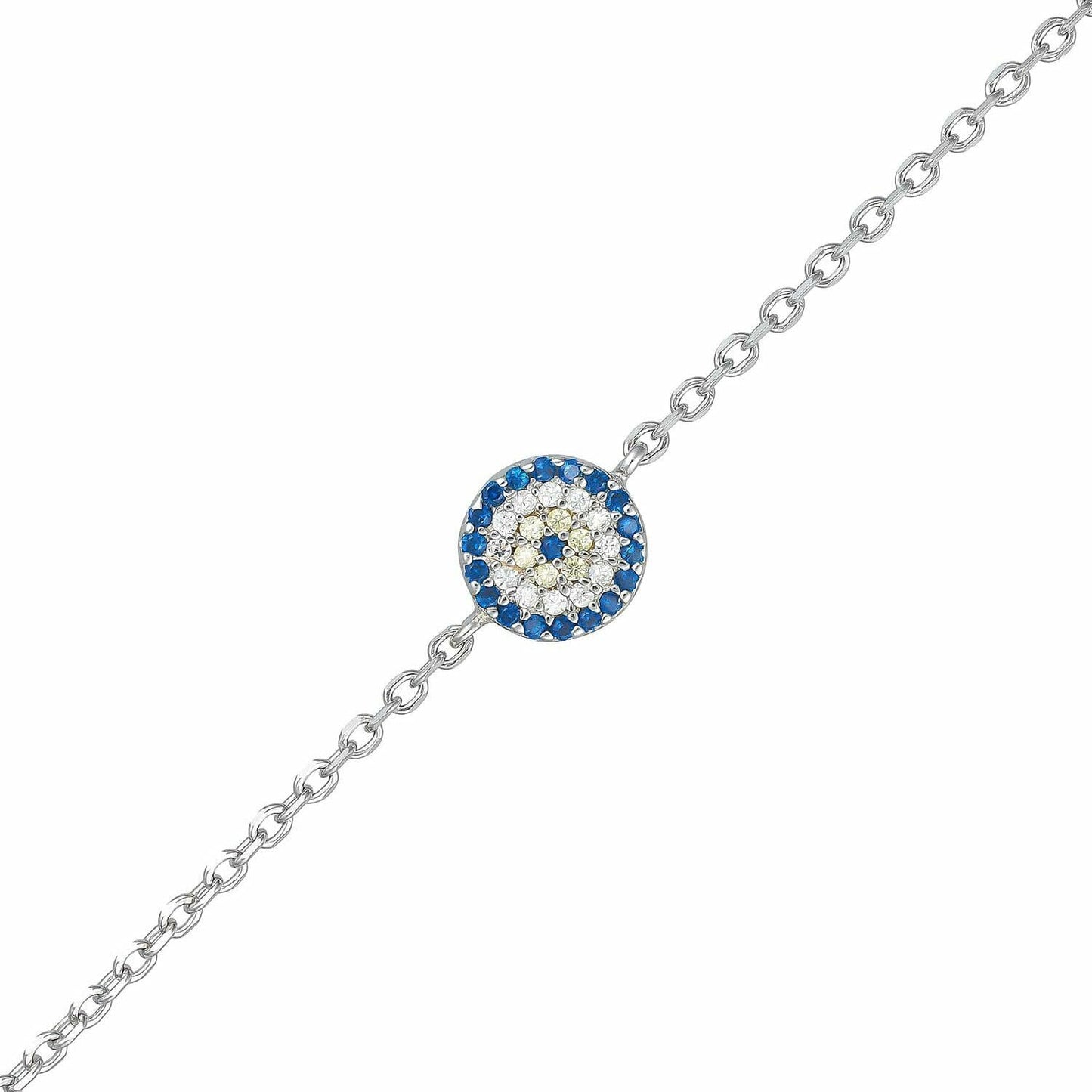 (BR509) Rhodium Plated Sterling Silver 7.5mm Round Blue And Yellow CZ Evil Eye Bracelet - 17+3cm