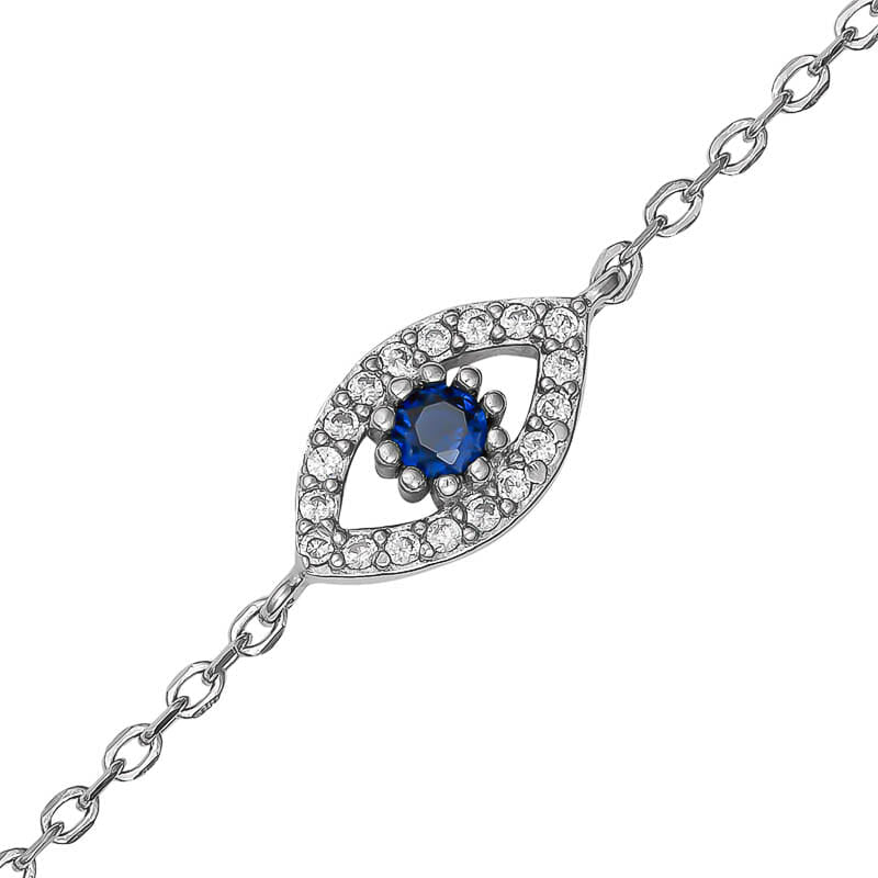 (BR568) Rhodium Plated Sterling Silver Oval 13x7mm Blue Evil Eye CZ Bracelet