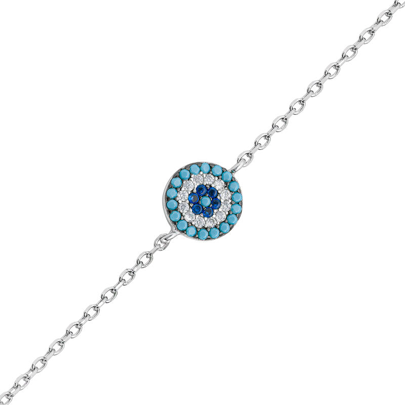 (BR597) Rhodium Plated Sterling Silver Round Blue Black and Turquoise CZ Bracelet