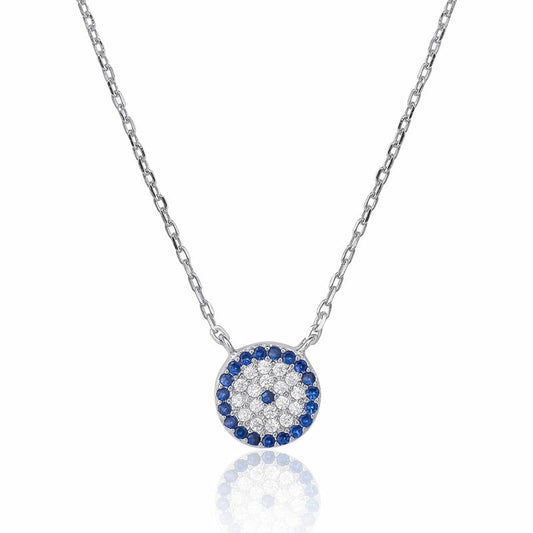 (NP244) Blue Rhodium Plated Sterling Silver CZ Evil Eye Necklace - 42+3cm