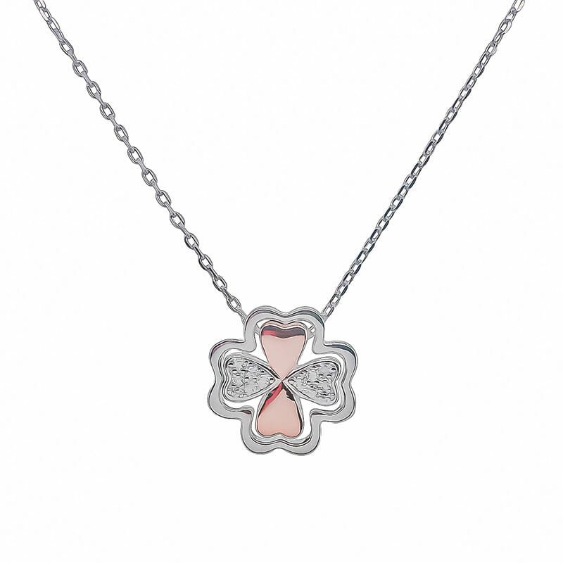 (NP276) Rhodium Plated Sterling Silver Two Tone Rose Plated 4 Leaf Clover CZ Necklace