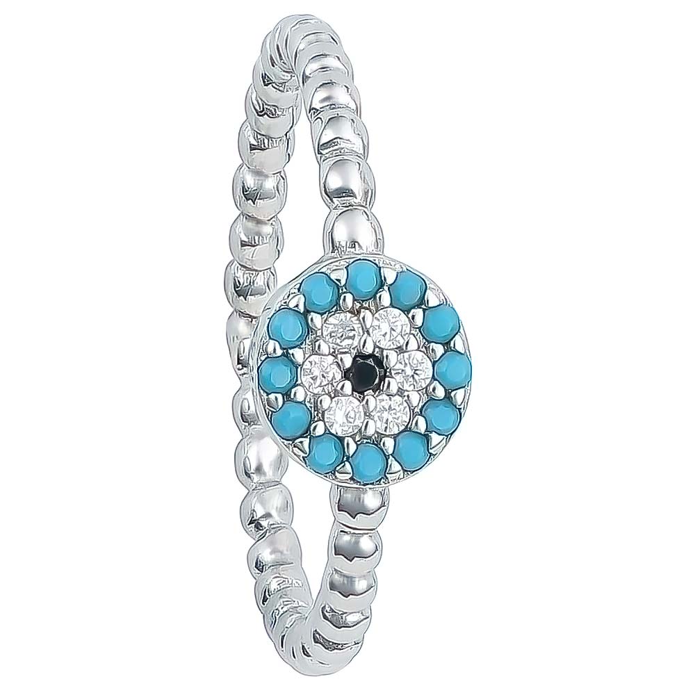(R423) Rhodium Plated Sterling Silver Turquoise Blue Round Evil Eye Black CZ Ring With Beaded Band Ring - 7 (O)