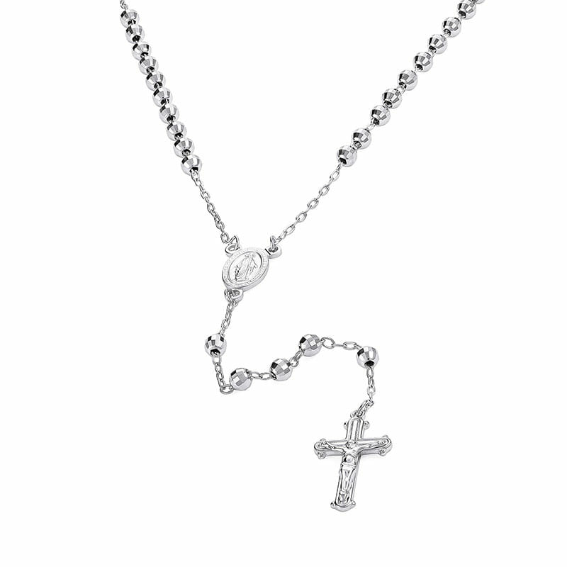 (ROS061) 4mm Diamond Cut Rhodium Plated Sterling Silver Rosary Necklace With Crucifix Cross - 55cm