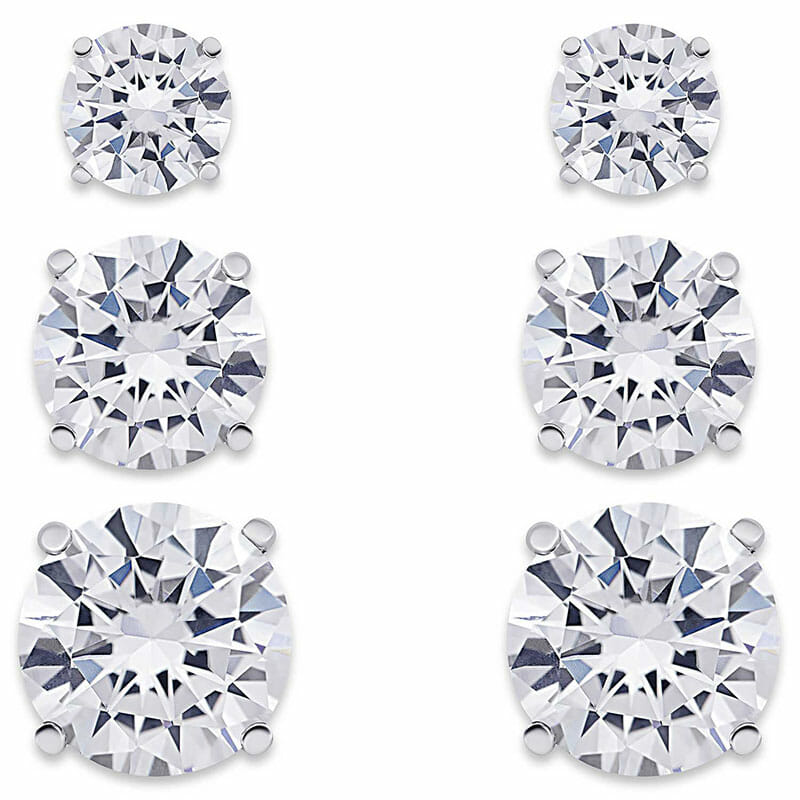 (SES085) Rhodium Plated Sterling Silver 6 Pairs Round 4 Claw CZ Stud Set