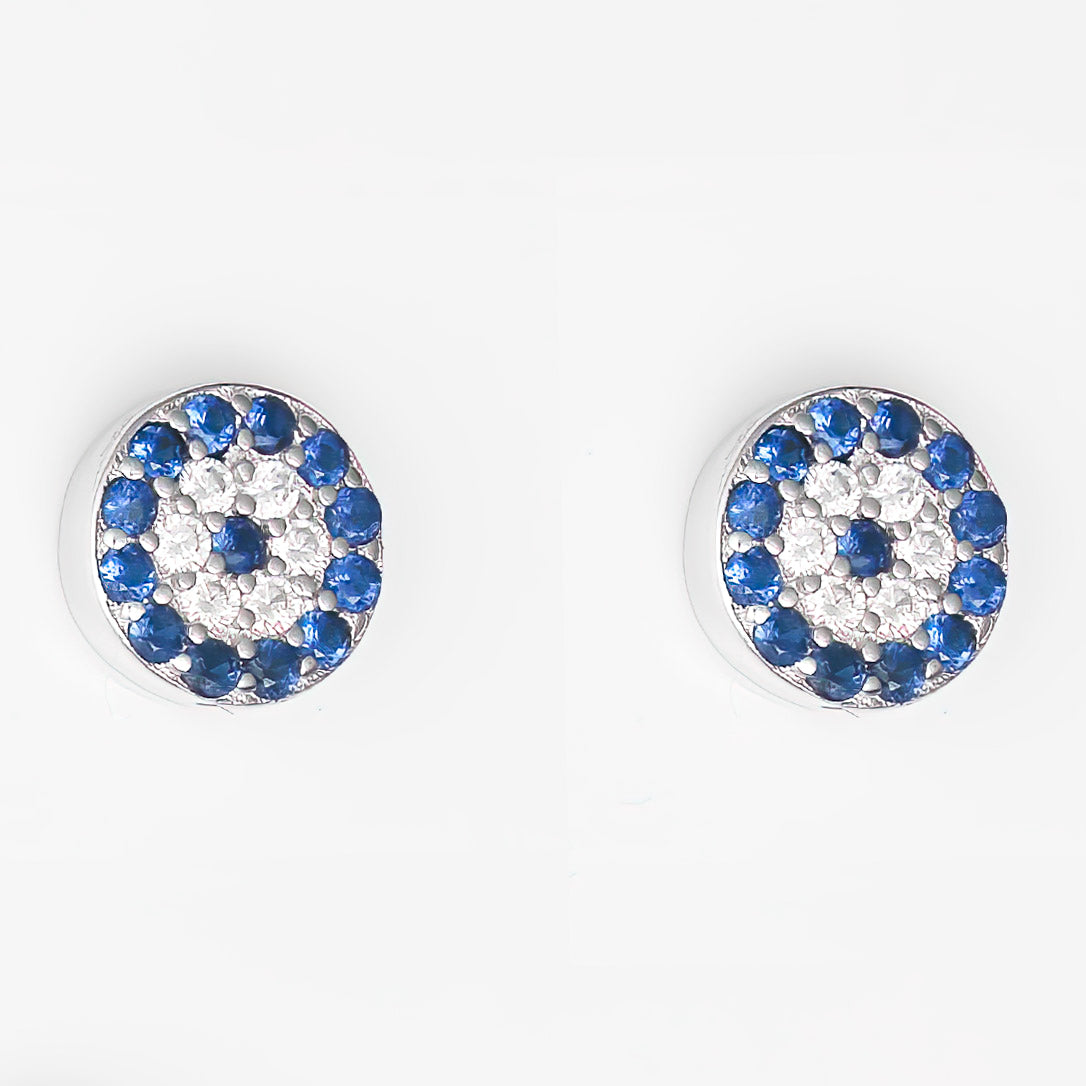 (SES079) 6 x Rhodium Plated Sterling Silver Turquoise and Dark Blue Evil Eye CZ Stud Earring Set