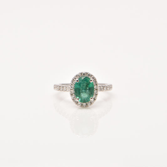 Emerald and Diamond Halo Ring in 18ct Gold