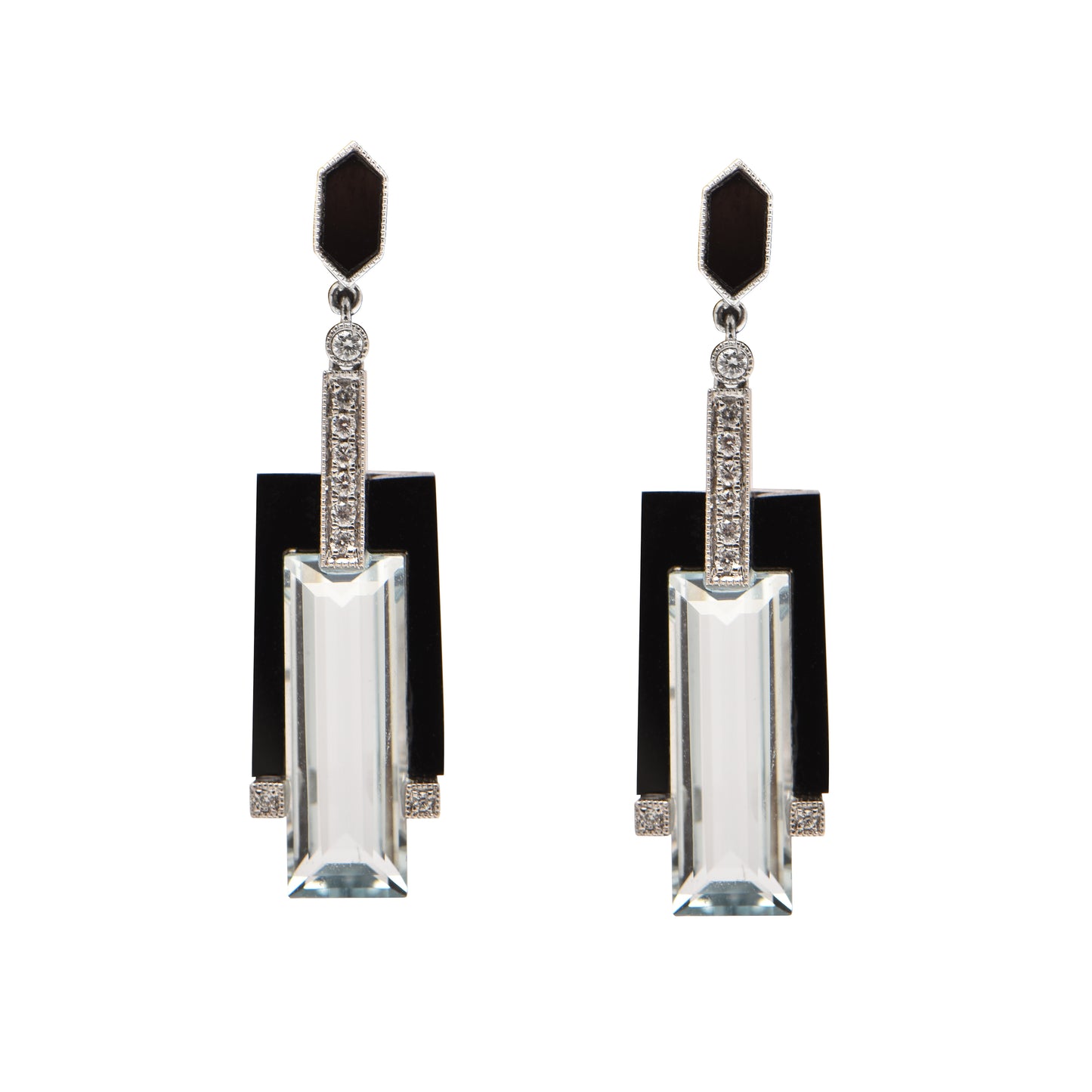 Aquamarine, Onyx and Diamond Earrings