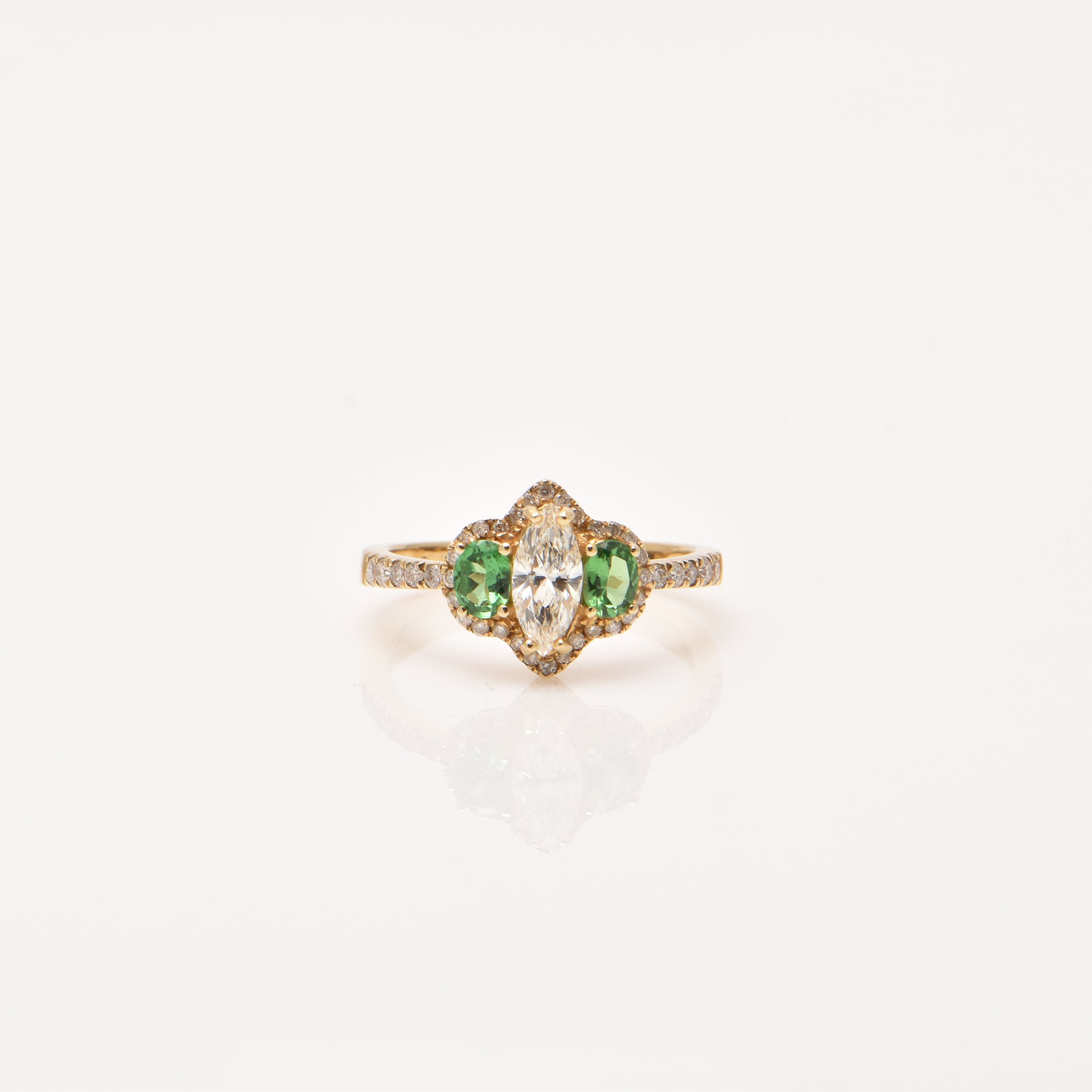 Marquise Diamond and Tsavorite Garnet Ring in 18ct Gold