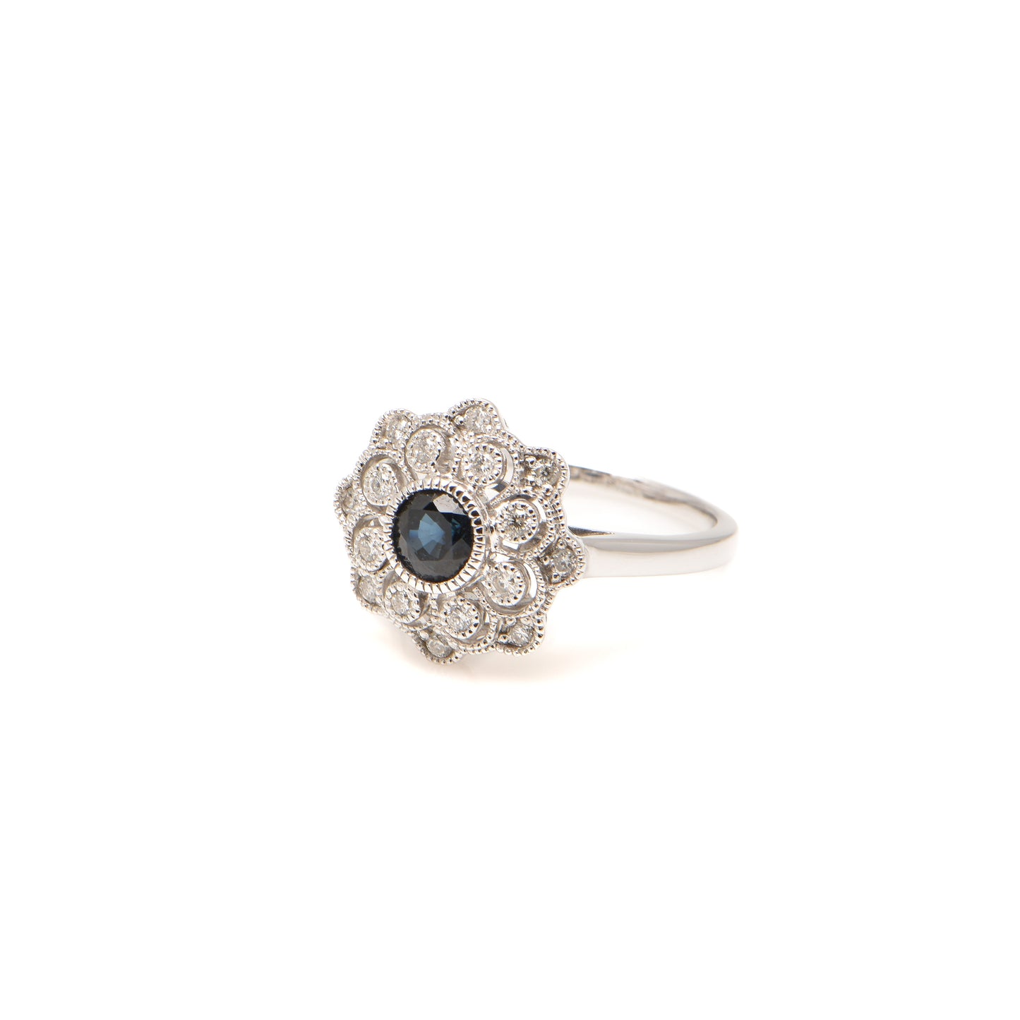 Sapphire and Diamond Deco Style Ring in 18ct White Gold