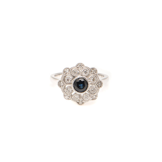 Sapphire and Diamond Deco Style Ring in 18ct White Gold